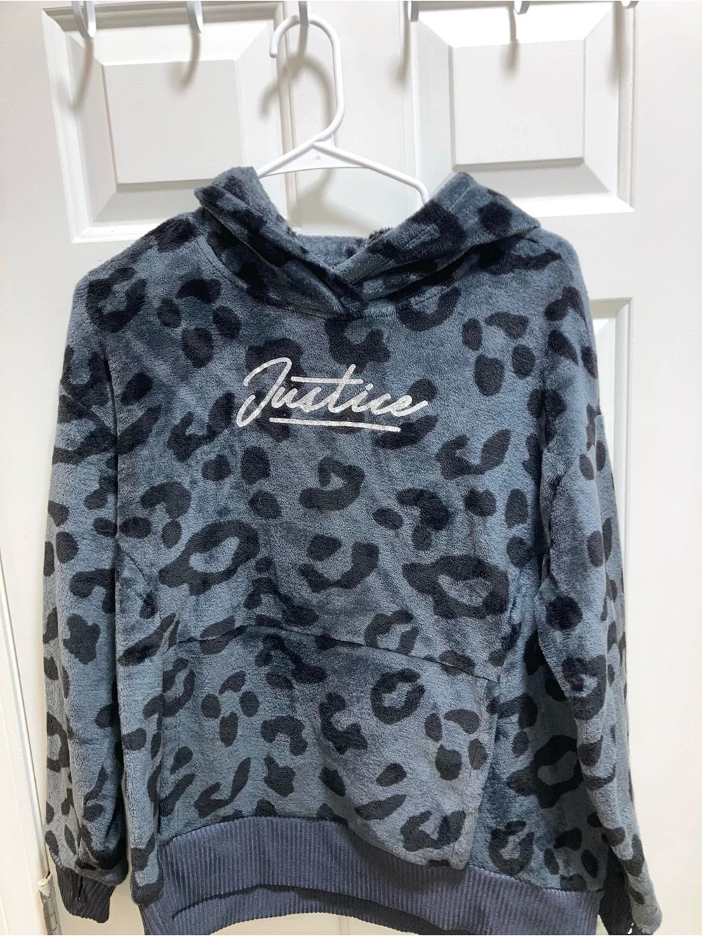 Justice Girls' Gray Leopard Plush Hoodie Size 16/18